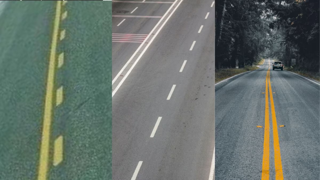 What do the white and yellow lines on the roads mean