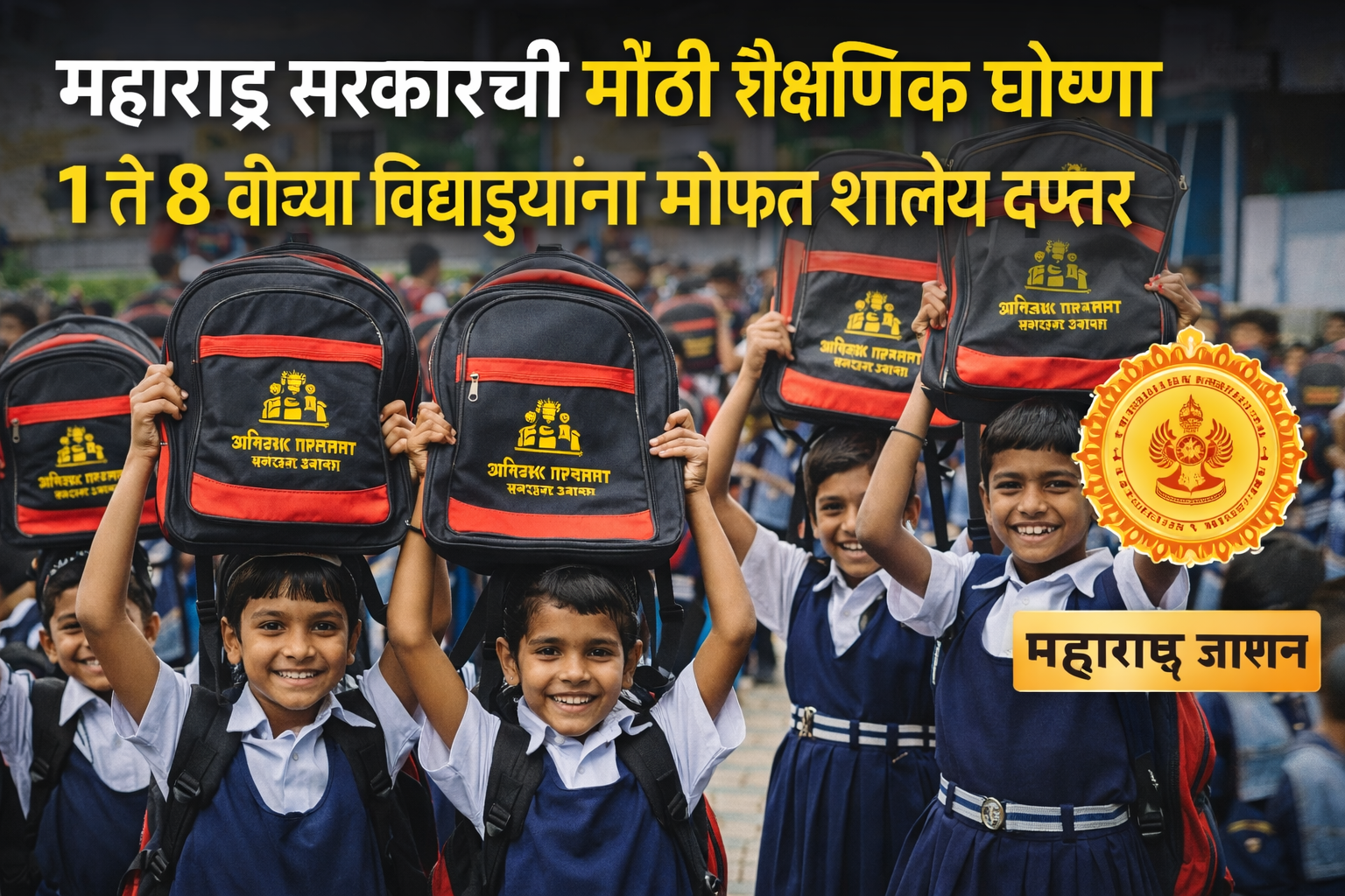 महाराष्ट्र सरकारची मोठी शैक्षणिक घोषणा — 1 ते 8 वीच्या विद्यार्थ्यांना मोफत शालेय दप्तर