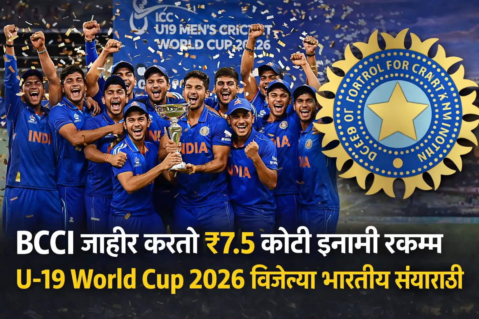 BCCI जाहीर करतो ₹7.5 कोटी इनामी रक्कम — U‑19 World Cup 2026 विजेत्या टीमसाठी…