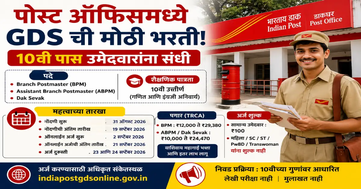 पोस्ट ऑफिसमध्ये GDS ची मोठी भरती! 10वी पास उमेदवारांना संधी
